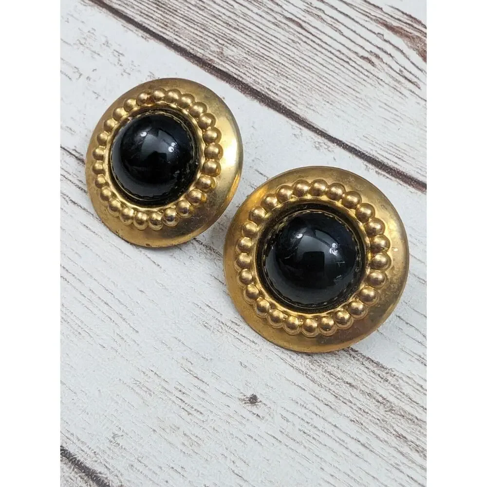 Vintage Clip On Earrings Large Black & Brassy Gold Tone Just Under 1